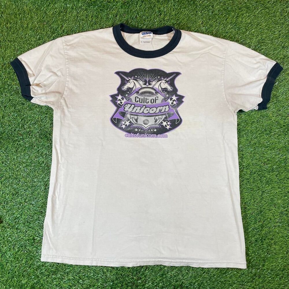 Y2K retro Cult of Unicorn white cotton ringer tee with purple unicorn graphic M